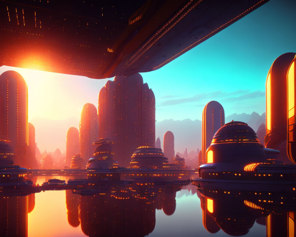 Futuristic cityscape with dome-shaped buildings and hovering starship