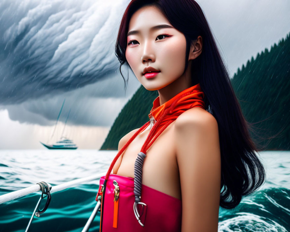 Woman in red outfit on boat with stormy clouds and calm sea
