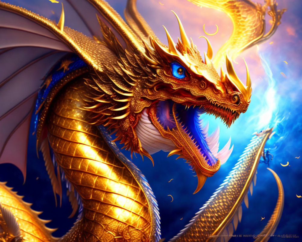 Golden dragon with blue eyes and elaborate crest in swirling blue energies
