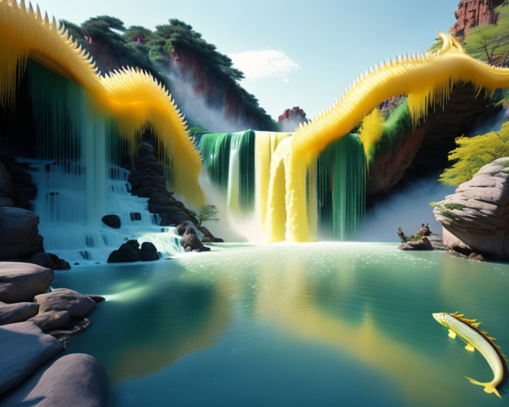 Digitally altered photo of a yellow dragon in a waterfall landscape