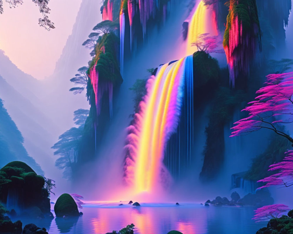 Colorful digital landscape: Tranquil lake, vibrant waterfalls, pink trees, misty ambiance