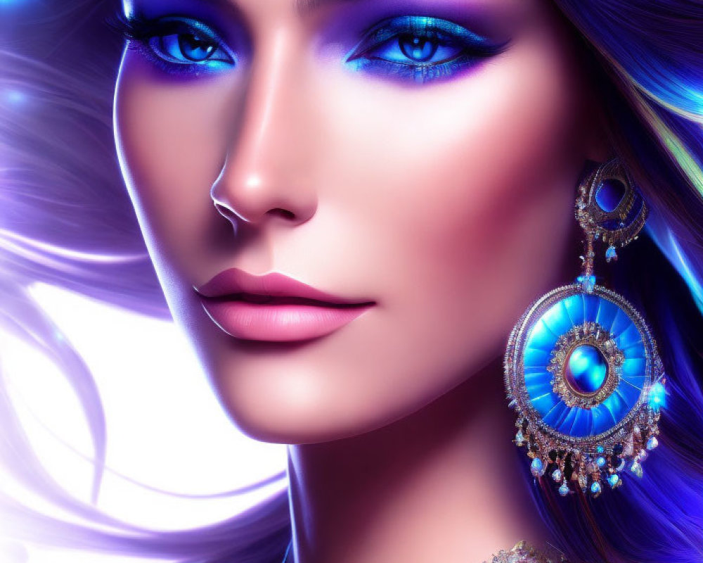 Colorful digital portrait of woman with blue eyes and elaborate earrings in neon lighting