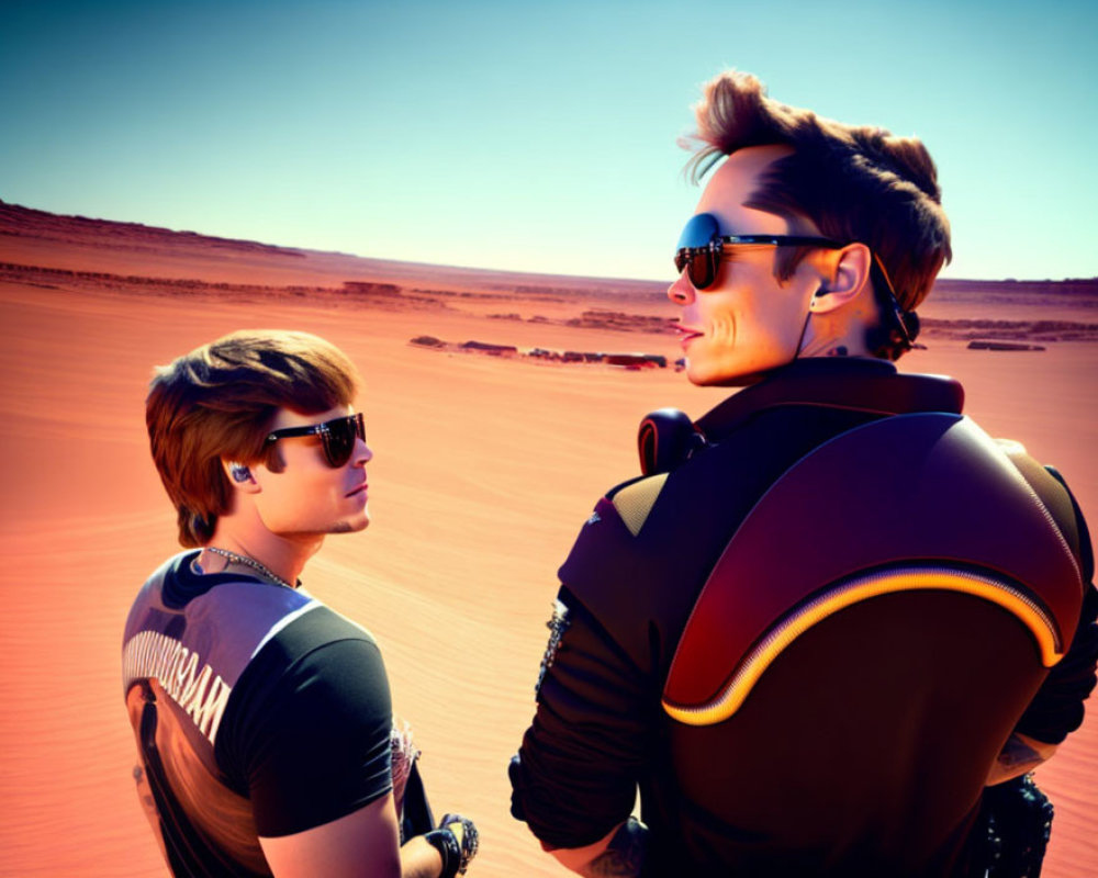 Futuristic individuals in stylish attire in desert landscape