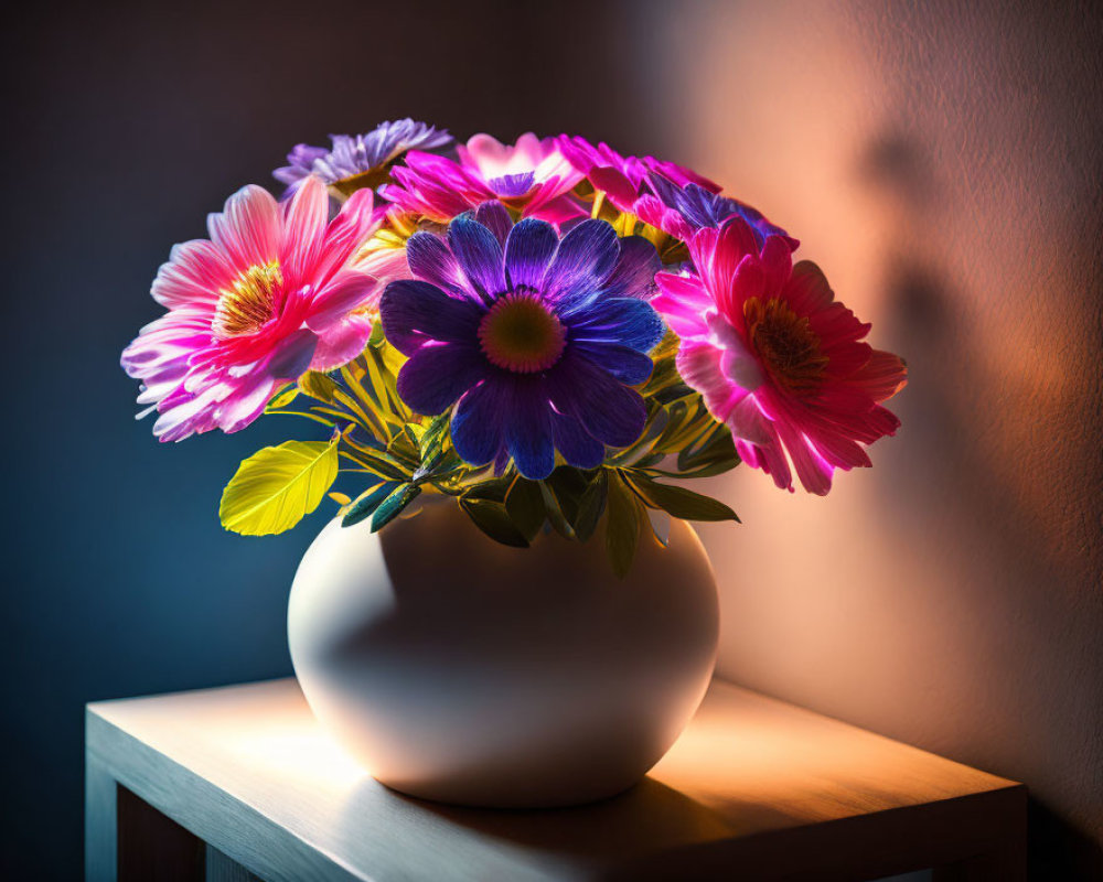 Colorful Flower Bouquet in White Vase on Wooden Table