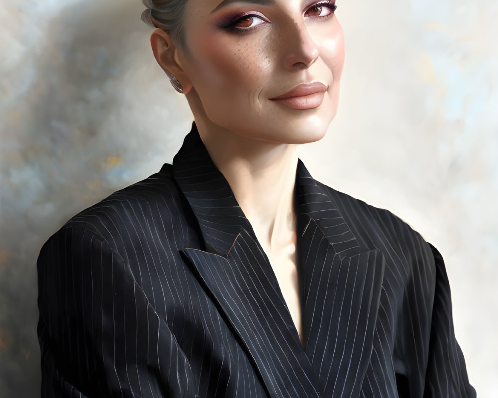 Professional woman in pinstriped suit smiling against beige background