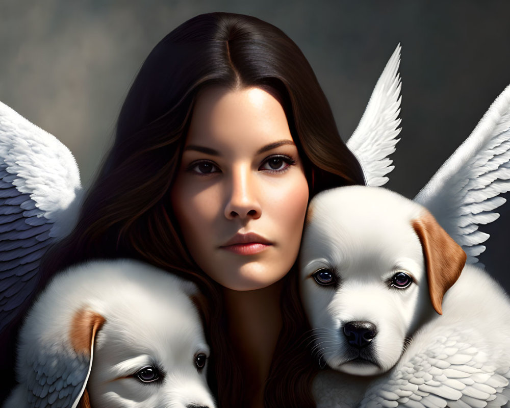 Digital Artwork: Woman with Long Hair and Winged Puppies on Dark Background