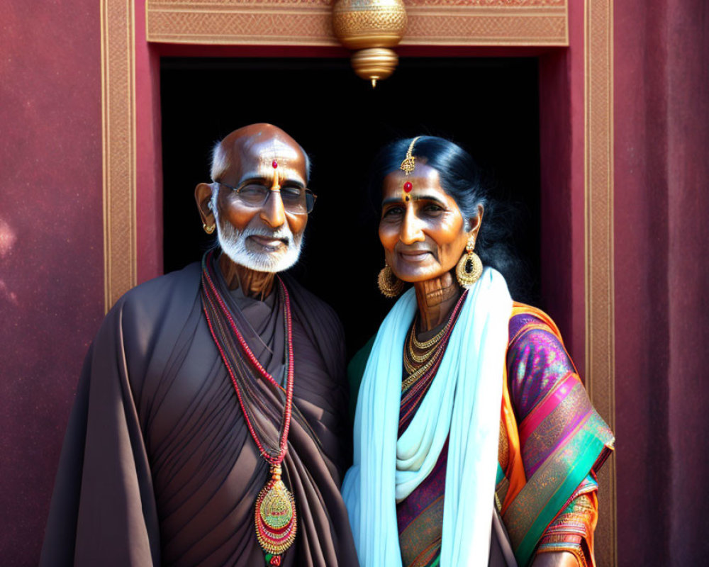Elderly couple in traditional Indian attire smiling with glasses and jewelry