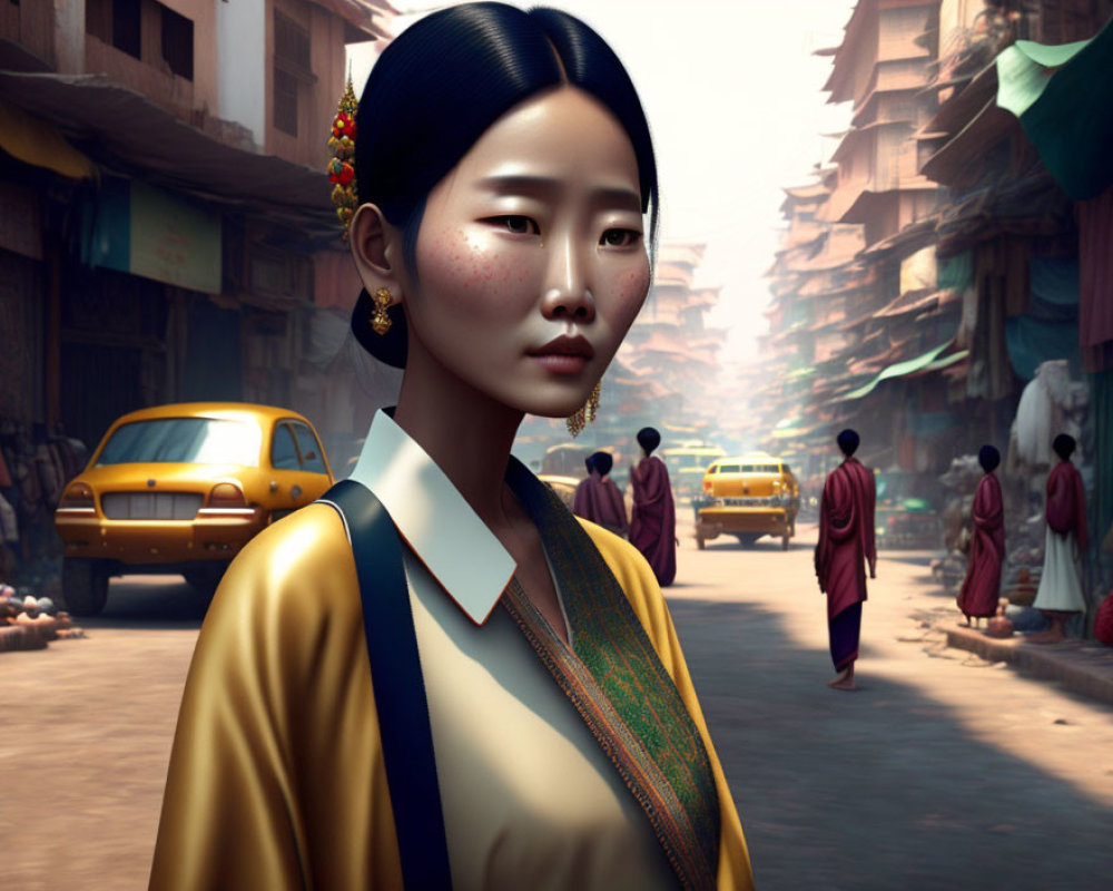 Asian woman in traditional attire portrayed in modern digital art portrait.