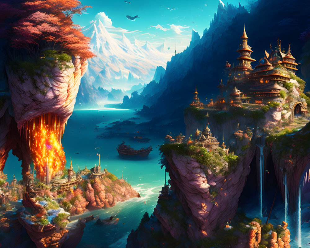 Fantastical landscape with cliffs, buildings, waterfalls, and volcanic eruption