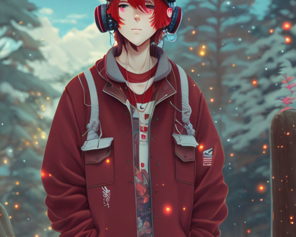 Stylized illustration of person with red hair in snowy forest