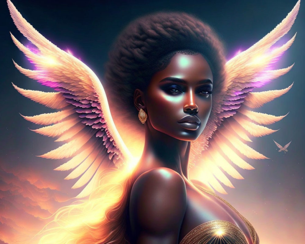 Illustration of woman with afro, glowing eyes, and multicolored wings in starry sky