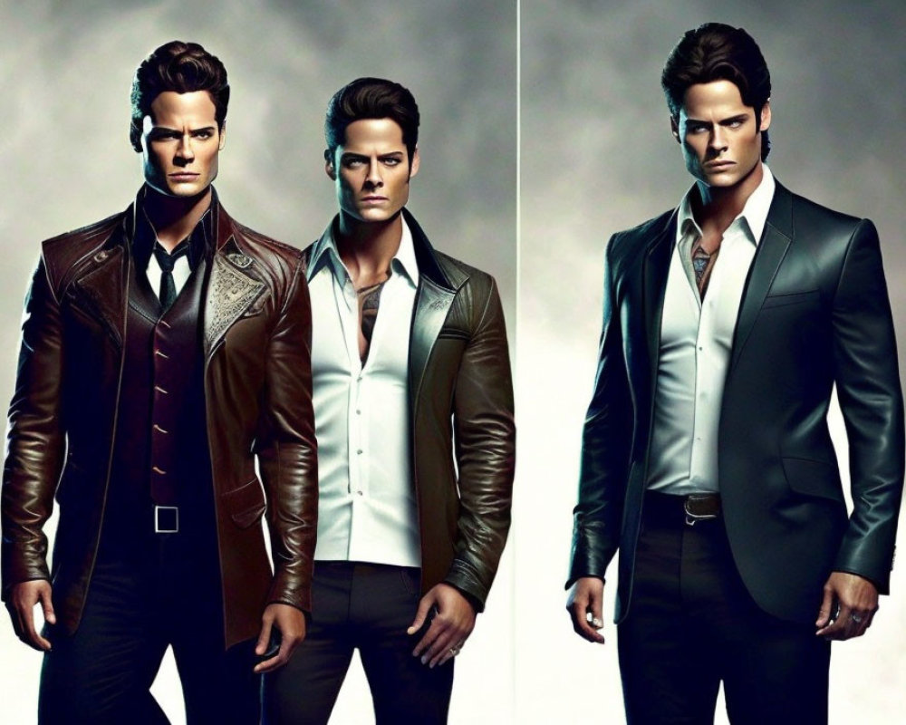 Two stylized male figures in different outfits with similar facial features