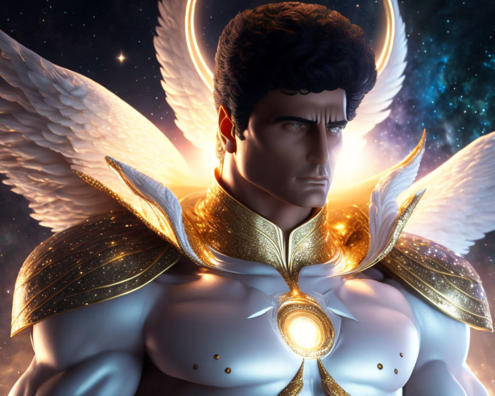 Celestial male figure with white wings and golden armor in starry cosmos.