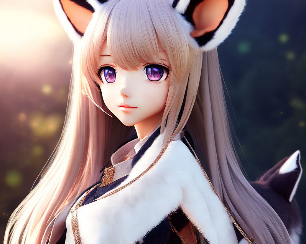 Digital artwork: Female character with fox ears, purple eyes, long blonde hair in natural setting