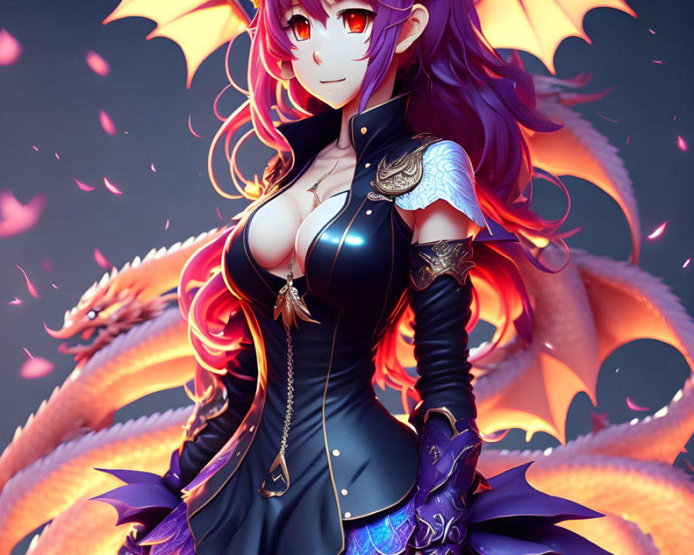 Purple-haired female anime character with dragon wings and tail in fantasy outfit with golden accents against fiery backdrop.