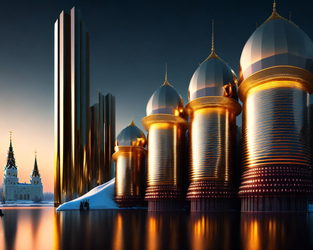 Surreal cityscape with iconic architecture at dusk
