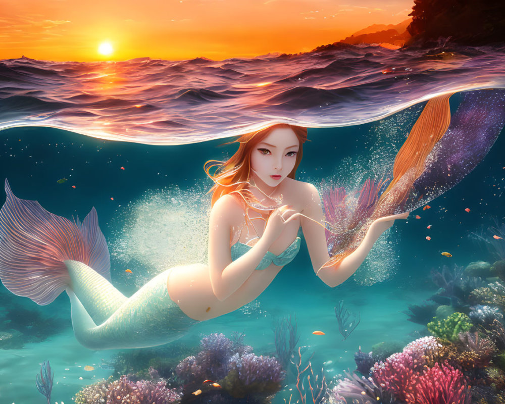 Colorful Tail Mermaid Underwater Sunset Scene