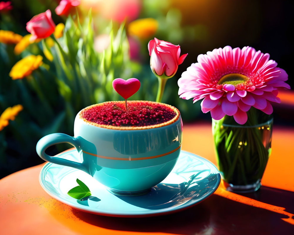 Blue Cup with Heart Adornment on Red Foam and Pink Gerbera Bouquet
