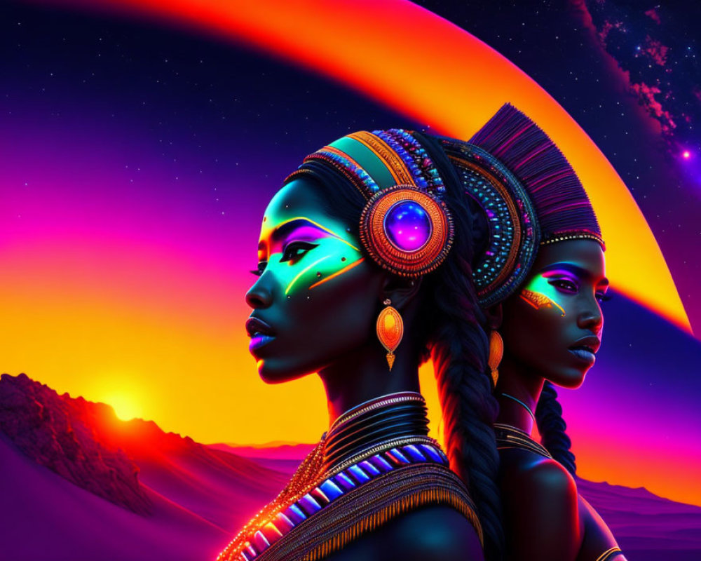 Colorful Stylized Portraits of Women with Intricate Headdresses