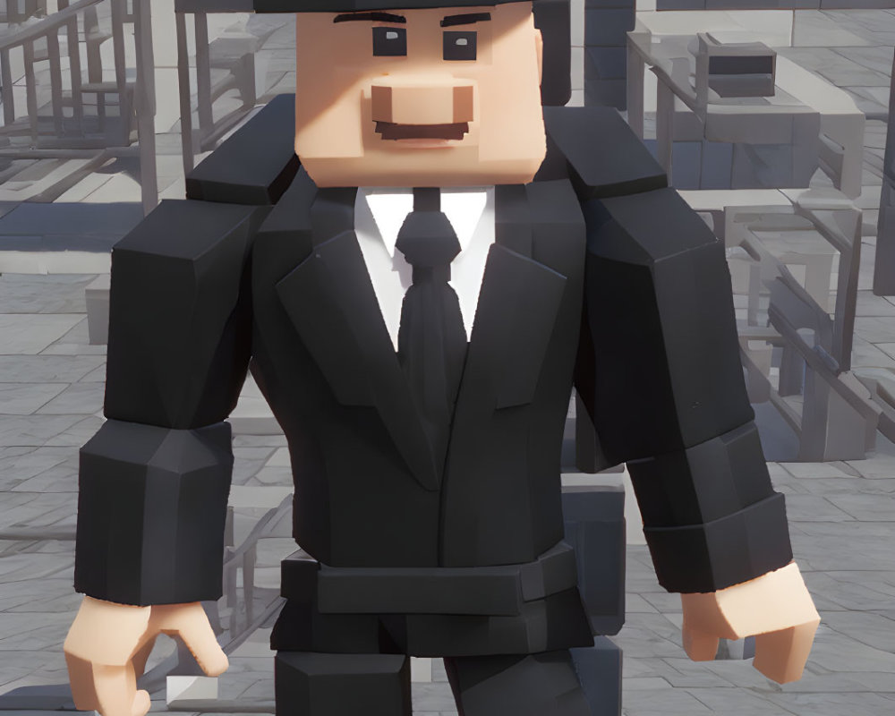 Animated character in black suit and fedora against urban backdrop with helicopter