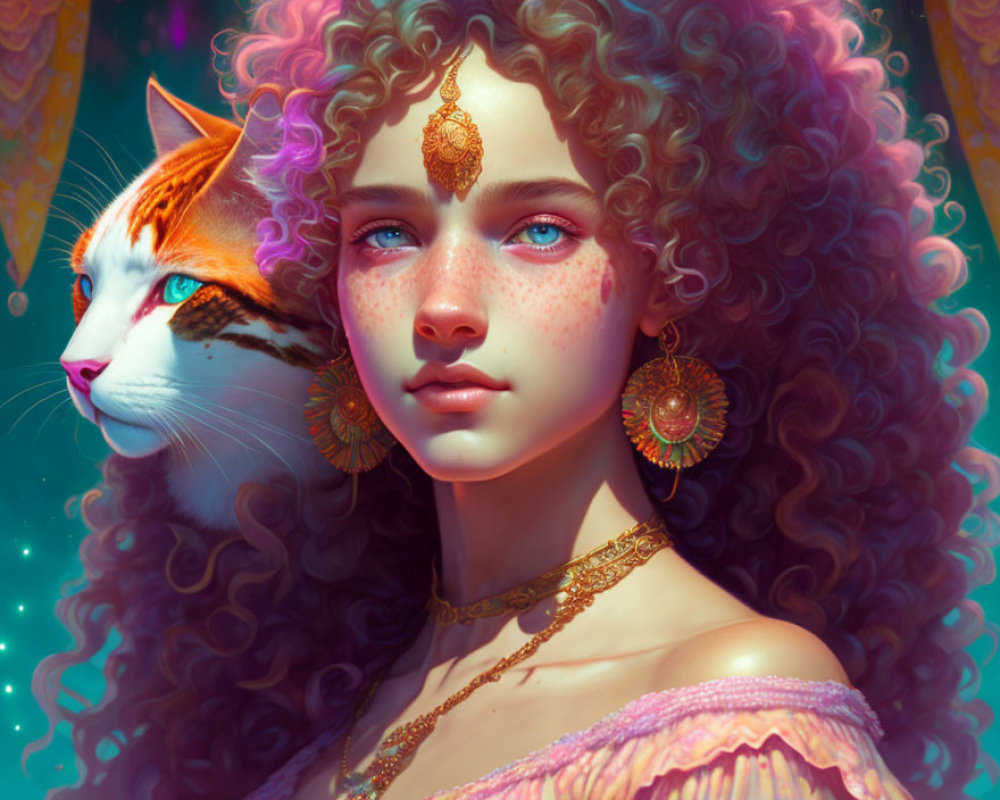 Digital artwork featuring girl with curly hair and blue eyes next to cat with similar markings.