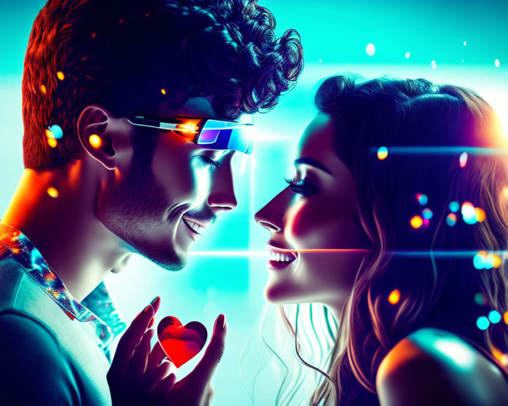 Colorful Illustration of Man and Woman with Neon Colors and Light Flares