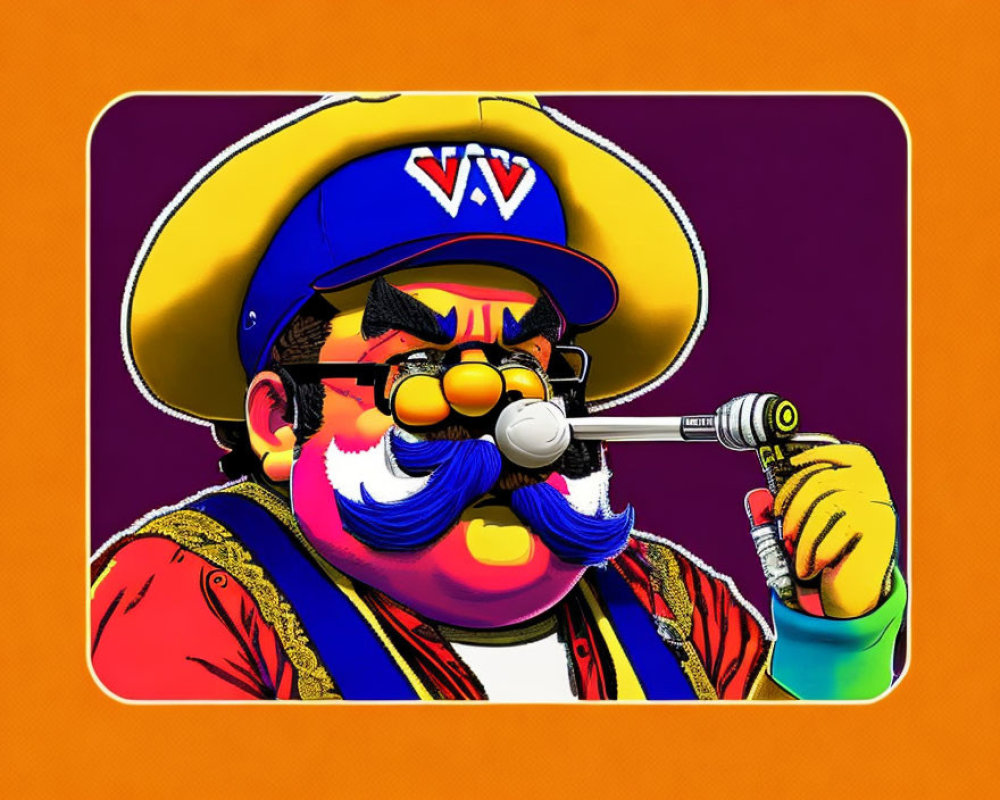 Character illustration with blue and red outfit, mustache, green potion, and gun on orange background