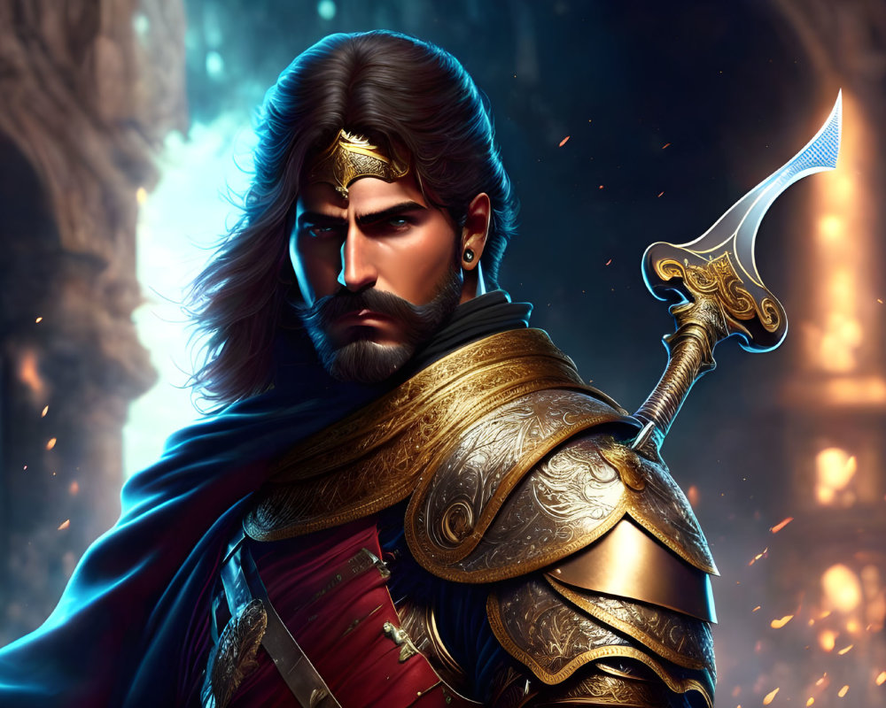 Bearded warrior in golden armor with sword and crown, surrounded by embers