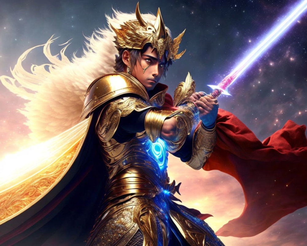 Golden armored warrior with glowing blue sword in dynamic battle pose