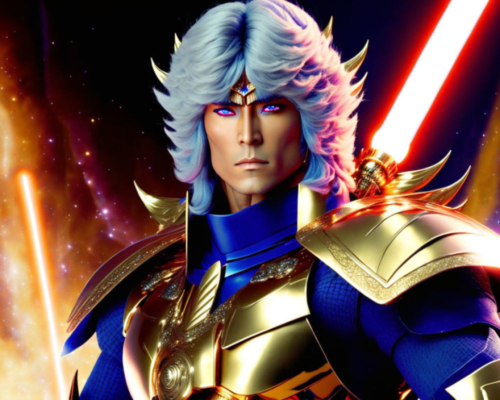 Blue-armored warrior with red sword in cosmic setting