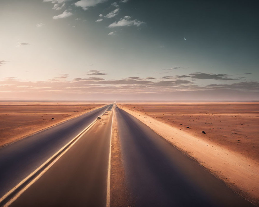 Tranquil desert road under twilight sky with crescent moon