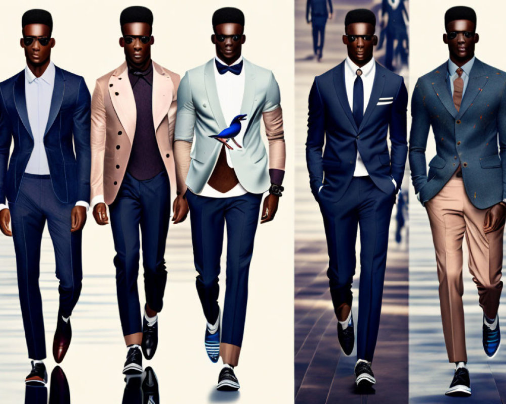 Male models showcase stylish suits, sunglasses, and patterned shoes on a runway