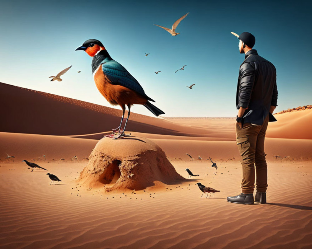 Person in desert facing giant bird amid small and flying birds under clear sky
