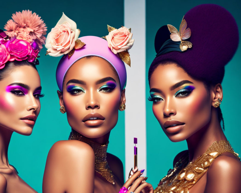 Stylish women with vibrant makeup and headwear on teal background