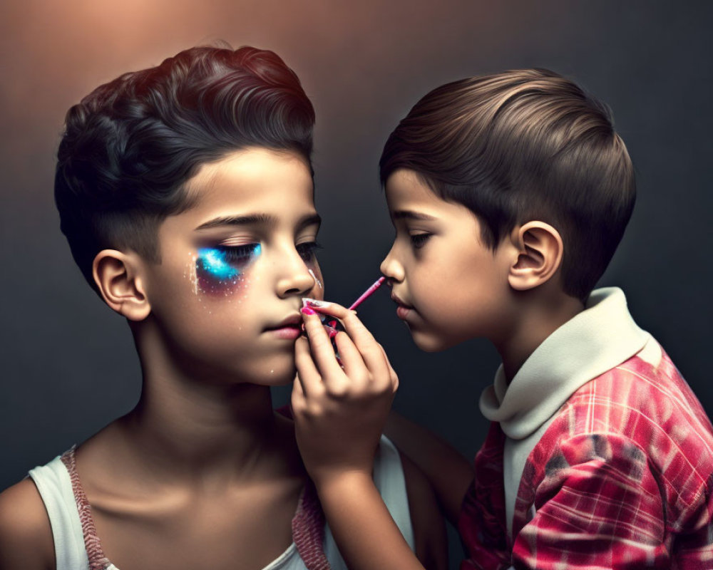 Boys with stylish haircuts applying glittery makeup on cheek