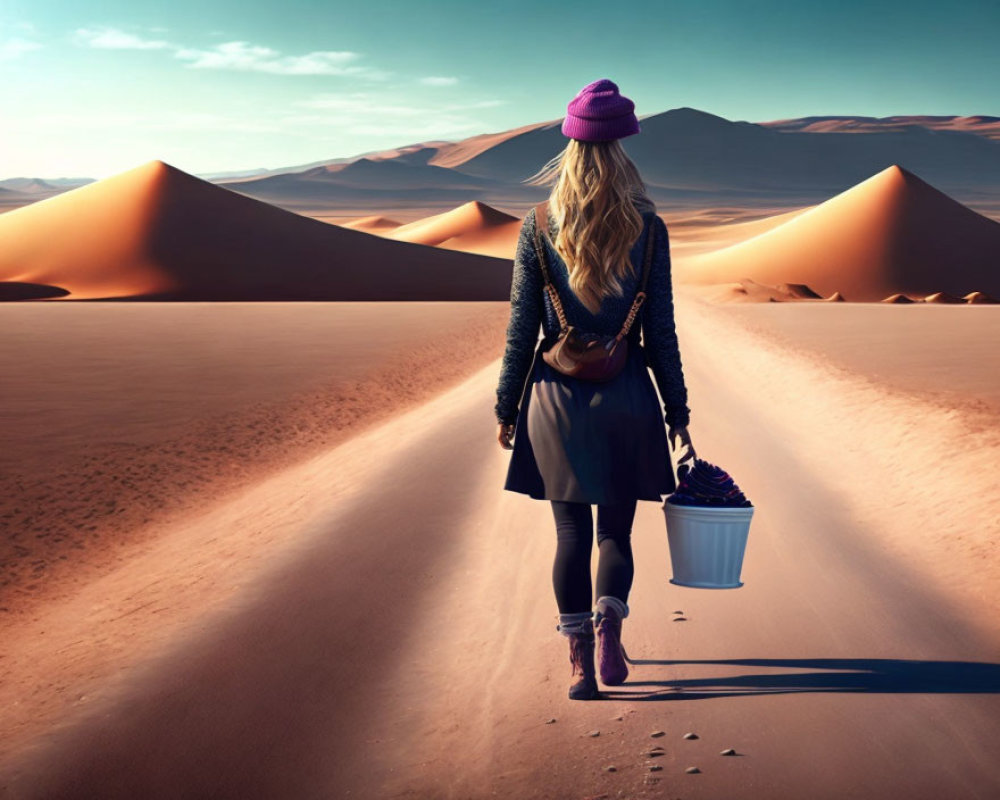 Woman in Purple Beanie and Dress Walking in Desert with White Bucket