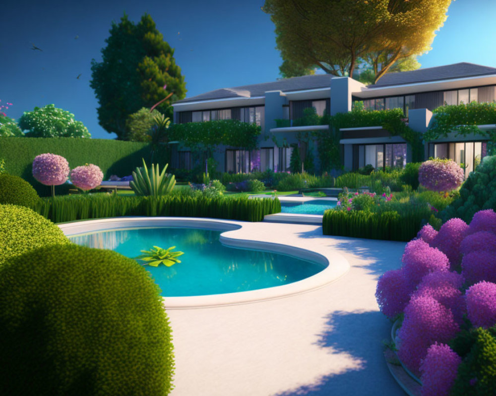 Tranquil garden with lush greenery, purple flowers, hedges, and pool at dusk