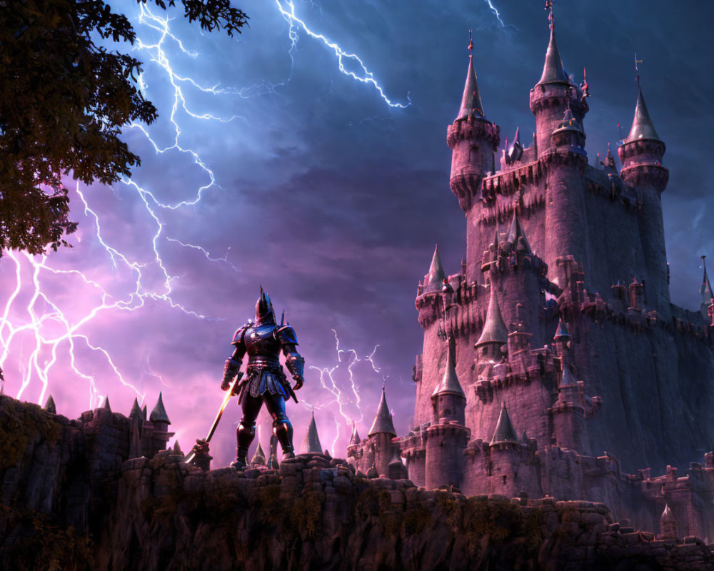 Knight in armor before castle under stormy sky with lightning