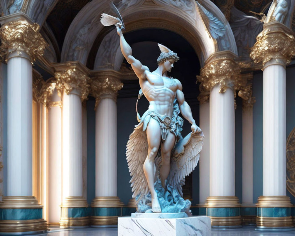 Marble statue of angelic figure in armor with spear on golden background