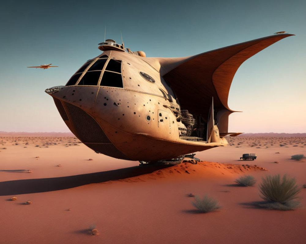 Retro-futuristic spaceship stranded in desert with flying craft and parked vehicle