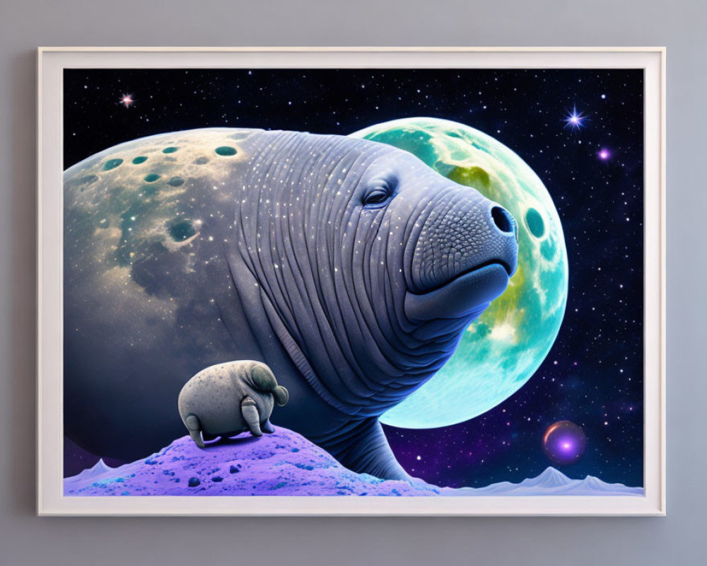 Surreal artwork featuring manatees in space and on moon-like terrain