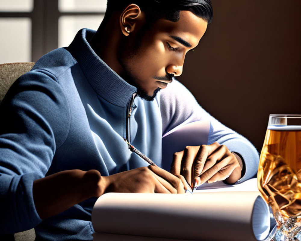 Man in Blue Sweater Writing or Drawing Beside Glass of Amber Liquid
