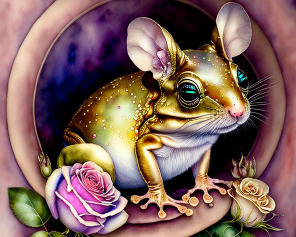 Vibrant Frog Creature with Mouse Ears and Roses