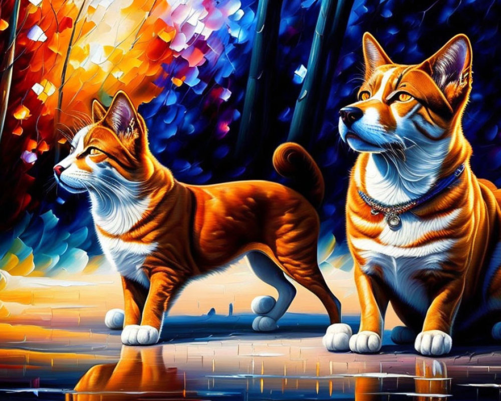Stylized orange and white dogs with abstract cityscape background