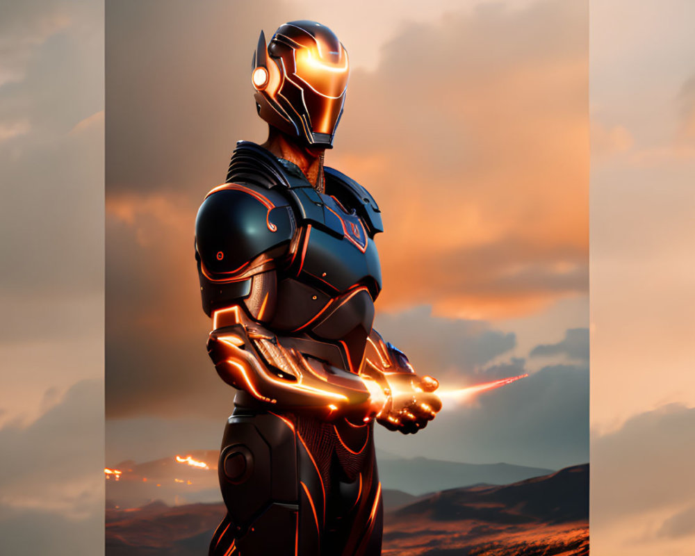 Futuristic humanoid robot in black armor against sunset sky