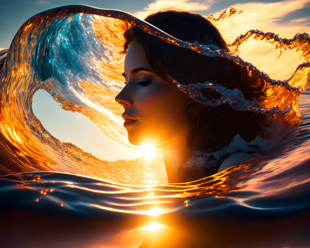 Silhouette of a woman blending into a sunset wave