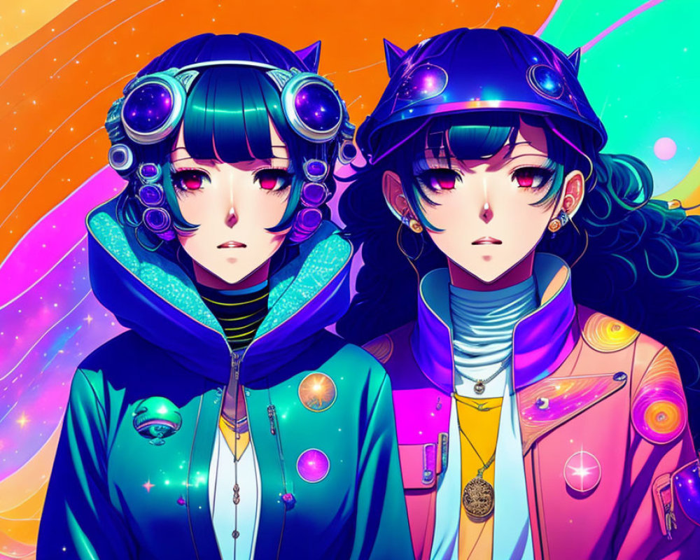 Futuristic Anime Girls in Colorful Space Background