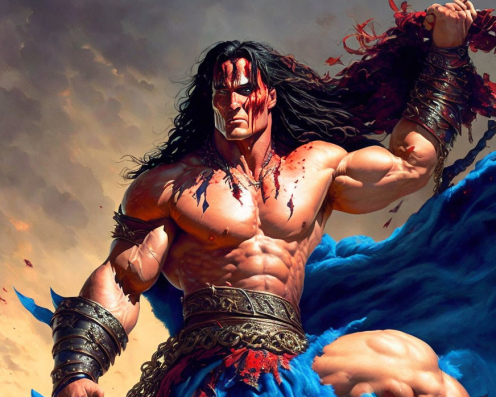 Muscular warrior with long dark hair and war paint wields two swords in vivid backdrop.