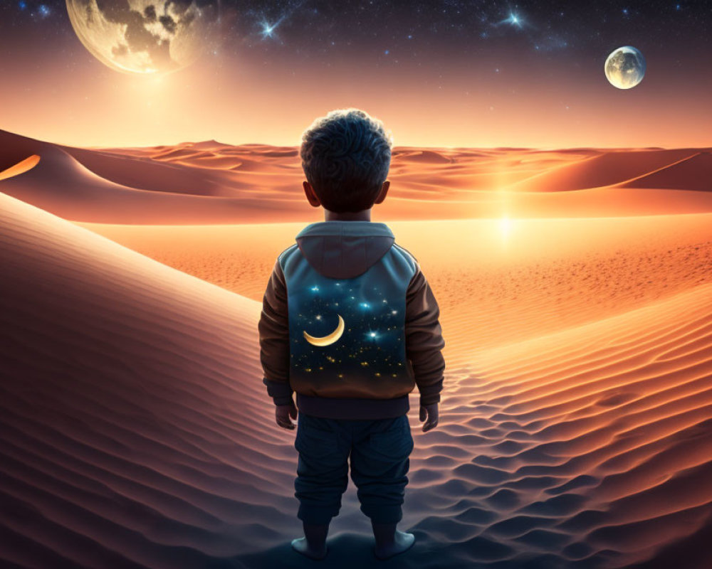 Child in night sky hoodie gazes at surreal desert moons