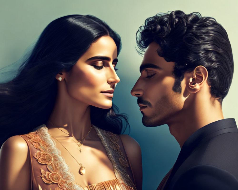 Illustrated man and woman in profile with intimate gaze, she in ornate attire, he in a